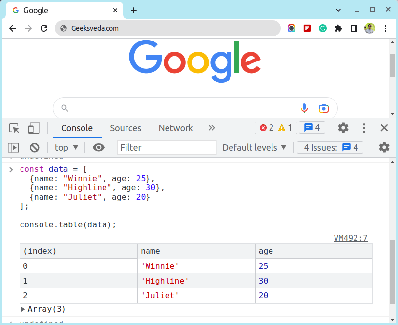 JavaScript console.table() Method