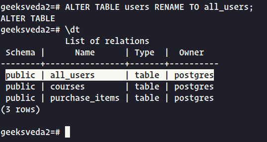 Change Table Name in PostgreSQL