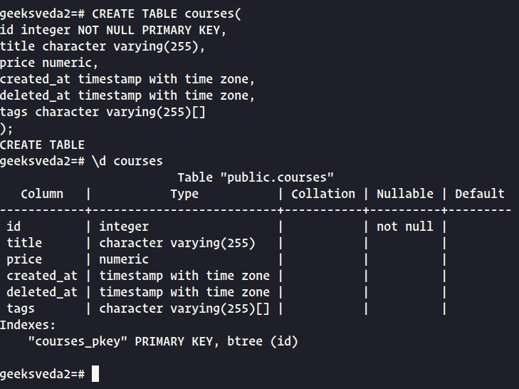 Create Table in PostgreSQL Database