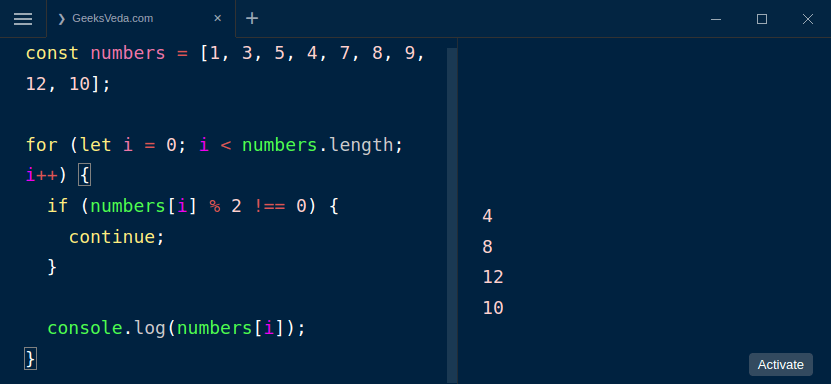 JavaScript with continue Statement