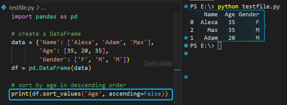 Sort Values of Pandas DataFrame