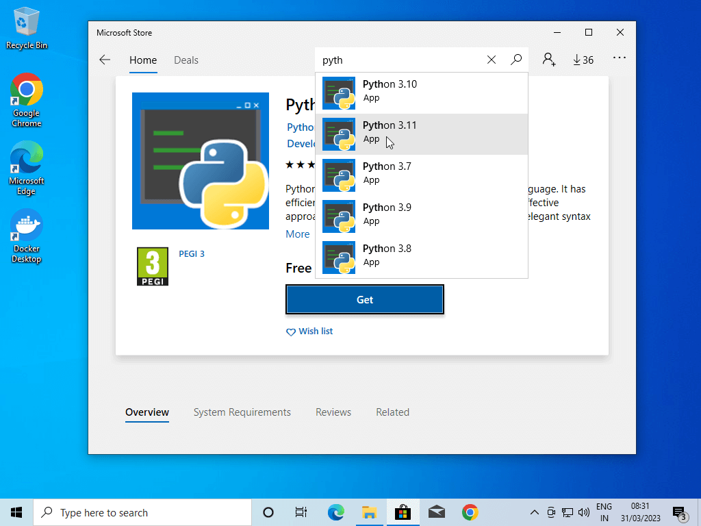 Search for Python in MIcrosoft Store