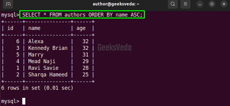 Sort Data in Ascending Order